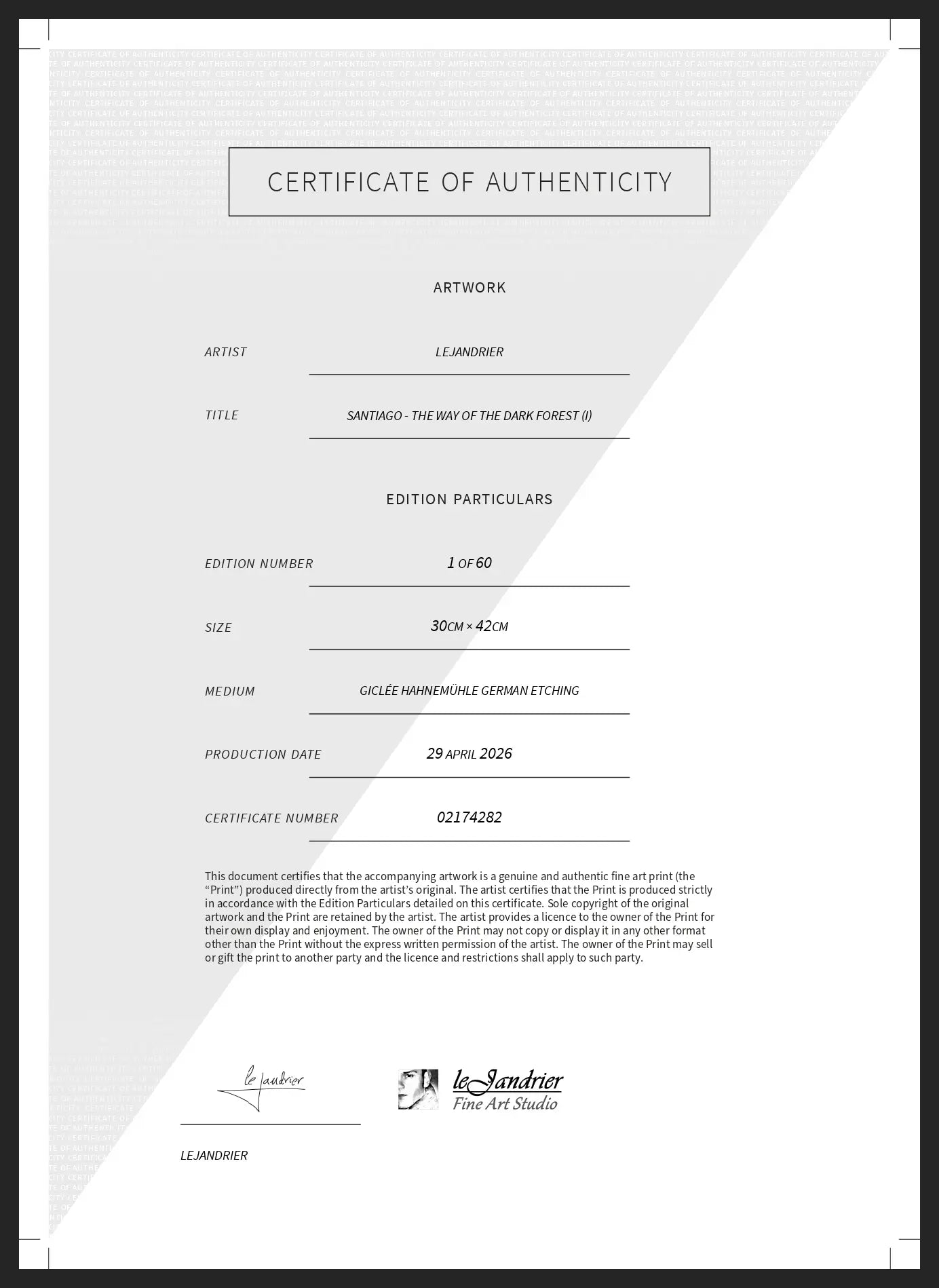 Certificate of authenticity for a limited edition print by LeJandrier Fine Art Studio