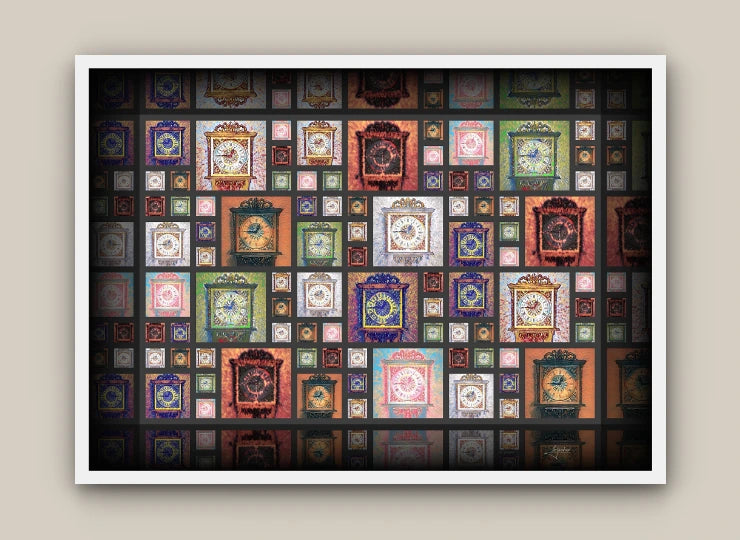Framed artwork with a pattern of colorful squares on a beige wall.