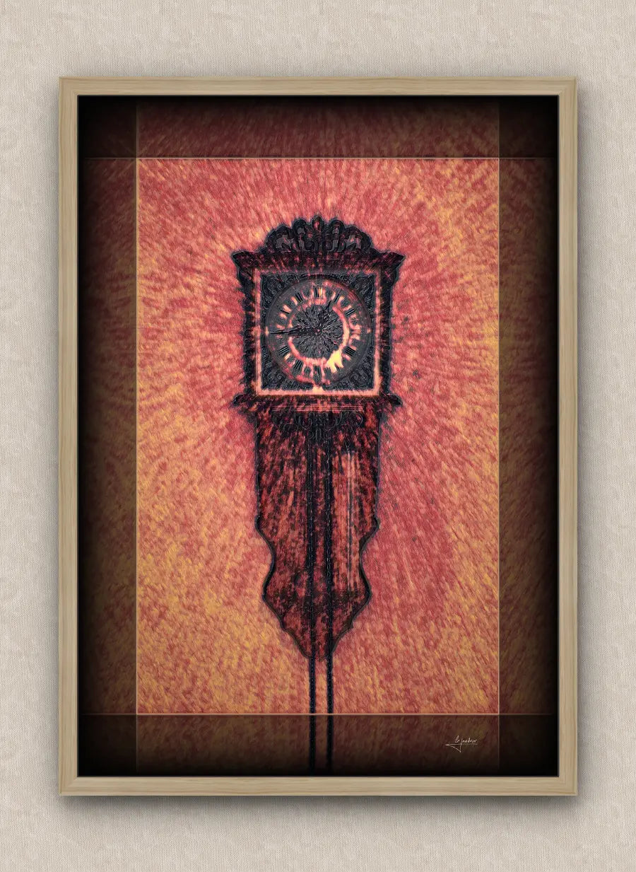 Flamed tones artwork of an old wall clock reading a quarter to one. With dark borders and oak frame, on a beige wall.