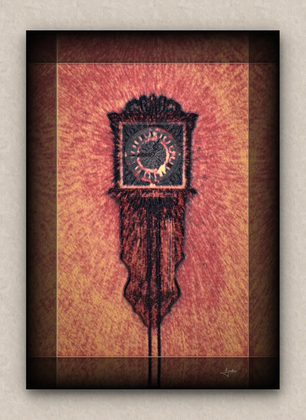 Flamed tones artwork of an old wall clock reading a quarter to one. With dark borders and signed by LeJandrier.