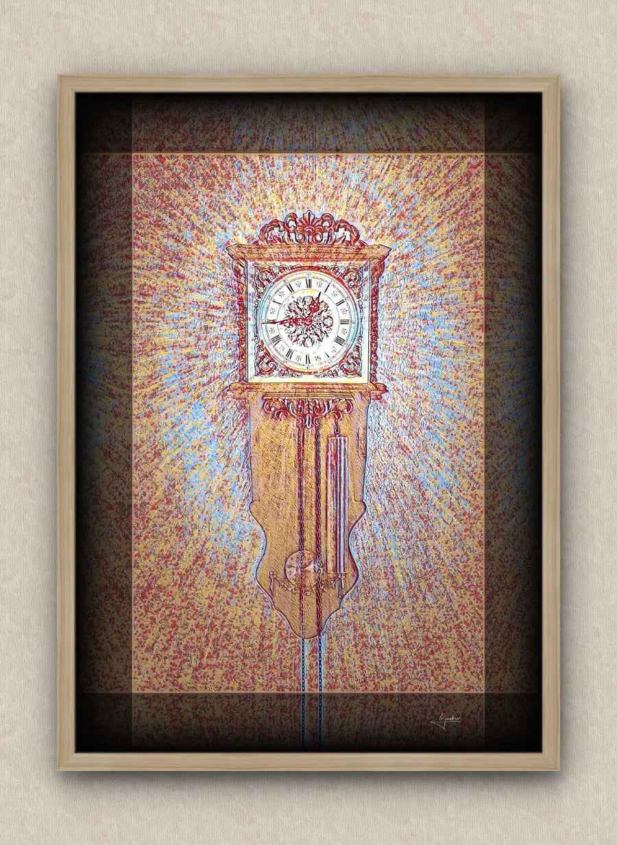 Primary colors artwork of an old wall clock reading a quarter to one. With dark borders and oak frame, on a beige wall.