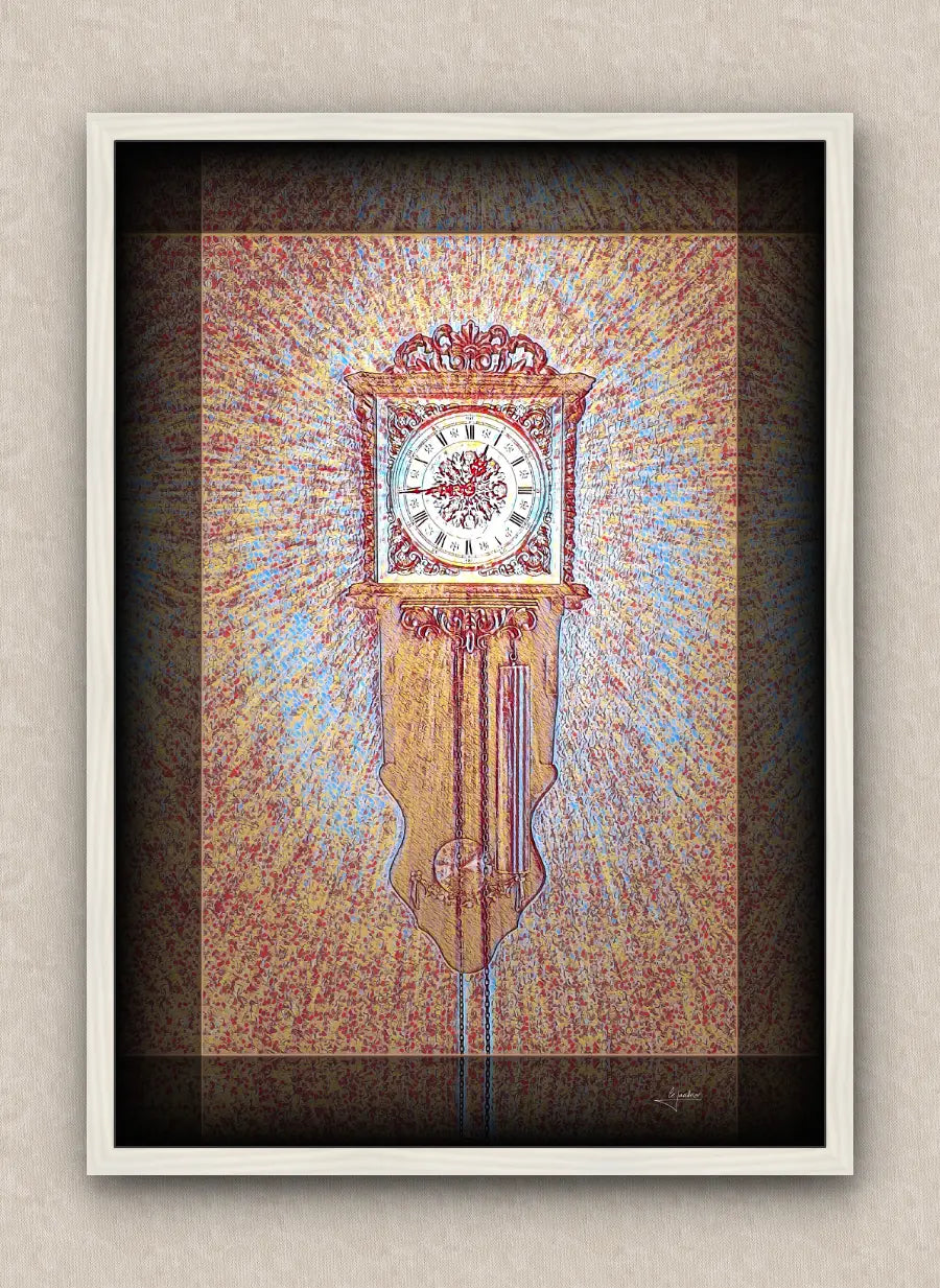 Primary colors artwork of an old wall clock reading a quarter to one. With dark borders and white frame, on a beige wall.