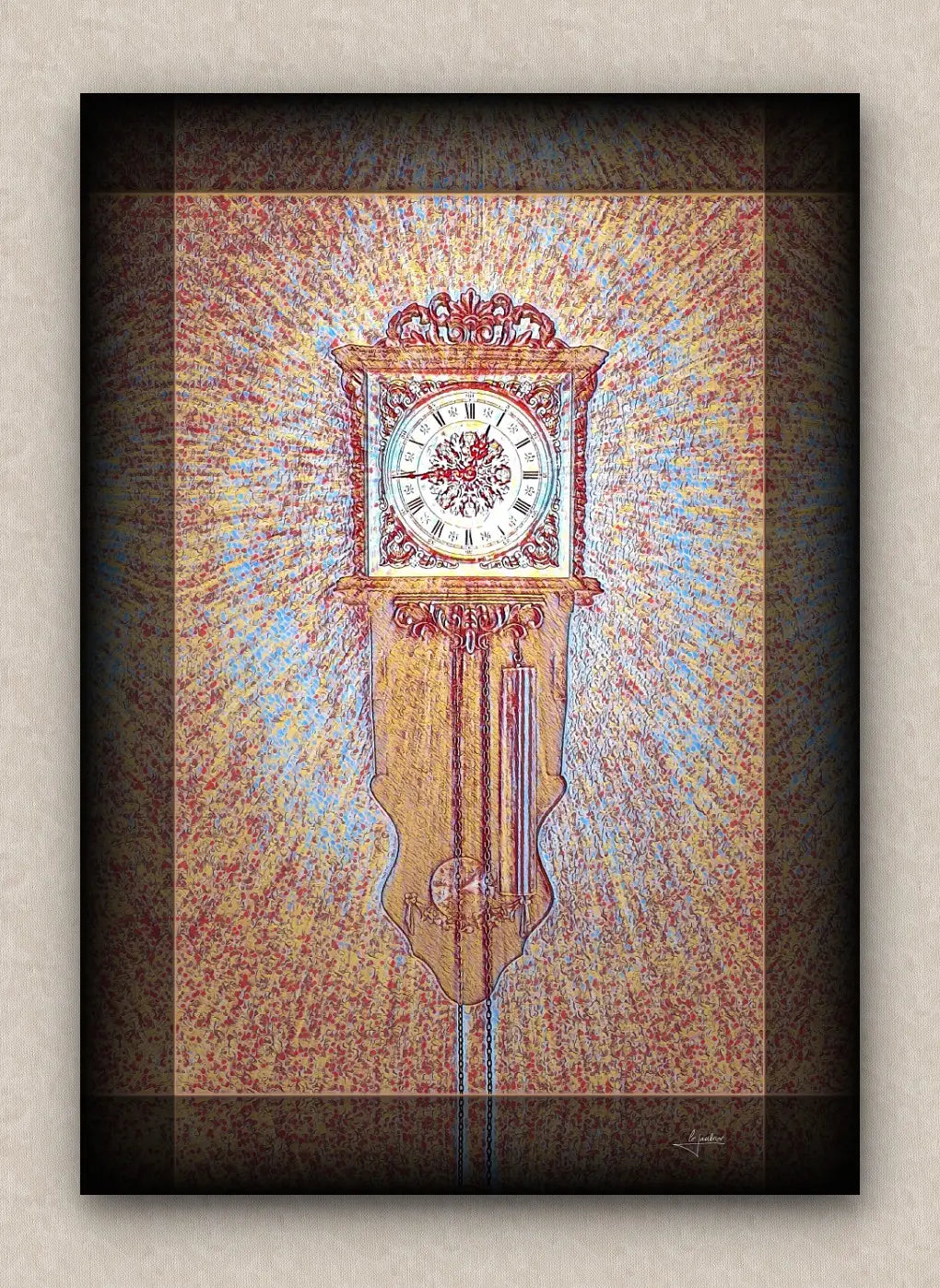 Primary colors artwork of an old wall clock reading a quarter to one. With dark borders and signed by Lejandrier.
