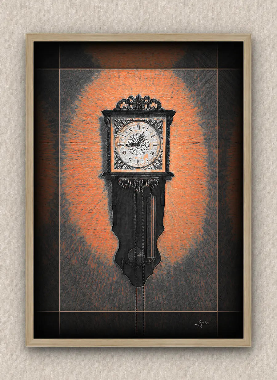 Orange tones artwork of an old wall clock reading a quarter to one. With dark borders and oak frame, on a beige wall.