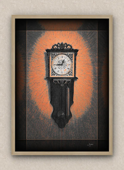 Orange tones artwork of an old wall clock reading a quarter to one. With dark borders and oak frame, on a beige wall.