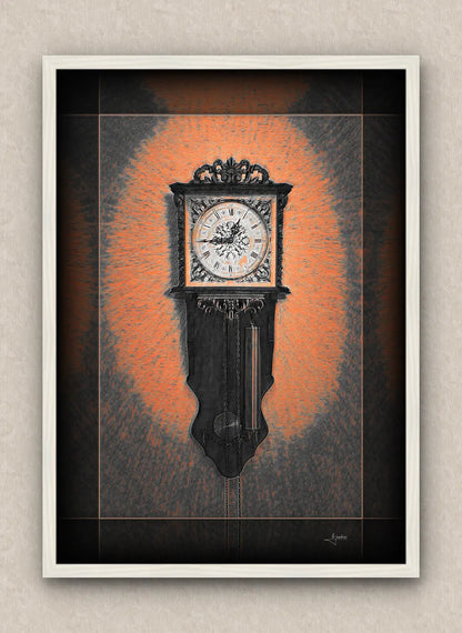 Orange tones artwork of an old wall clock reading a quarter to one. With dark borders and white frame, on a beige wall.