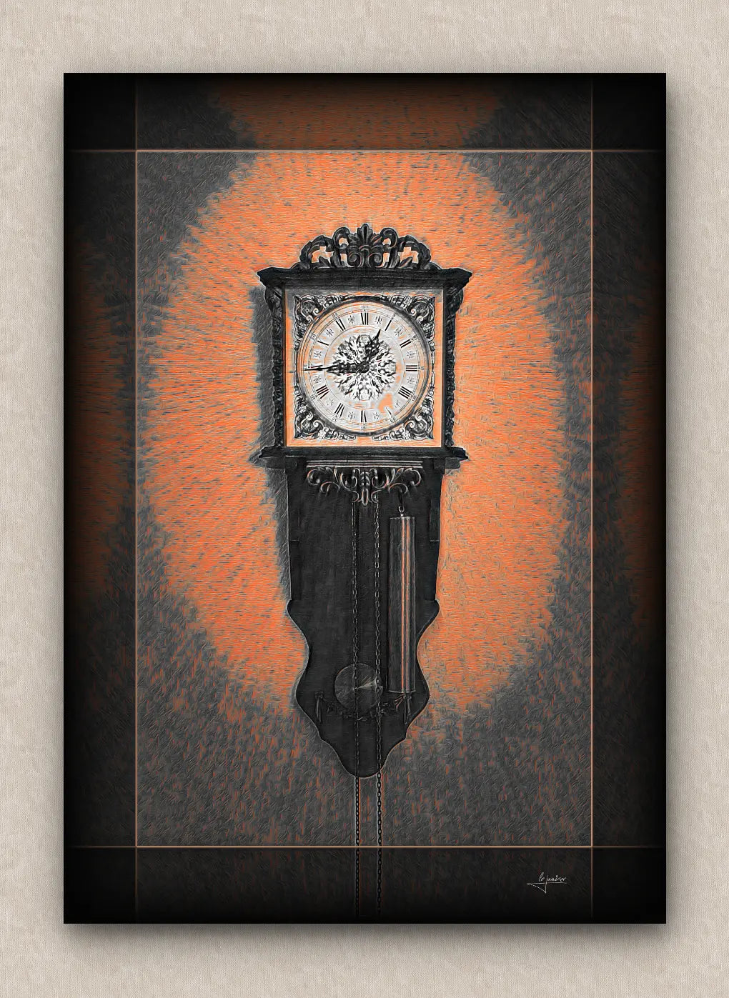 Orange tones artwork of an old wall clock reading a quarter to one. With dark borders and signed by Lejandrier.
