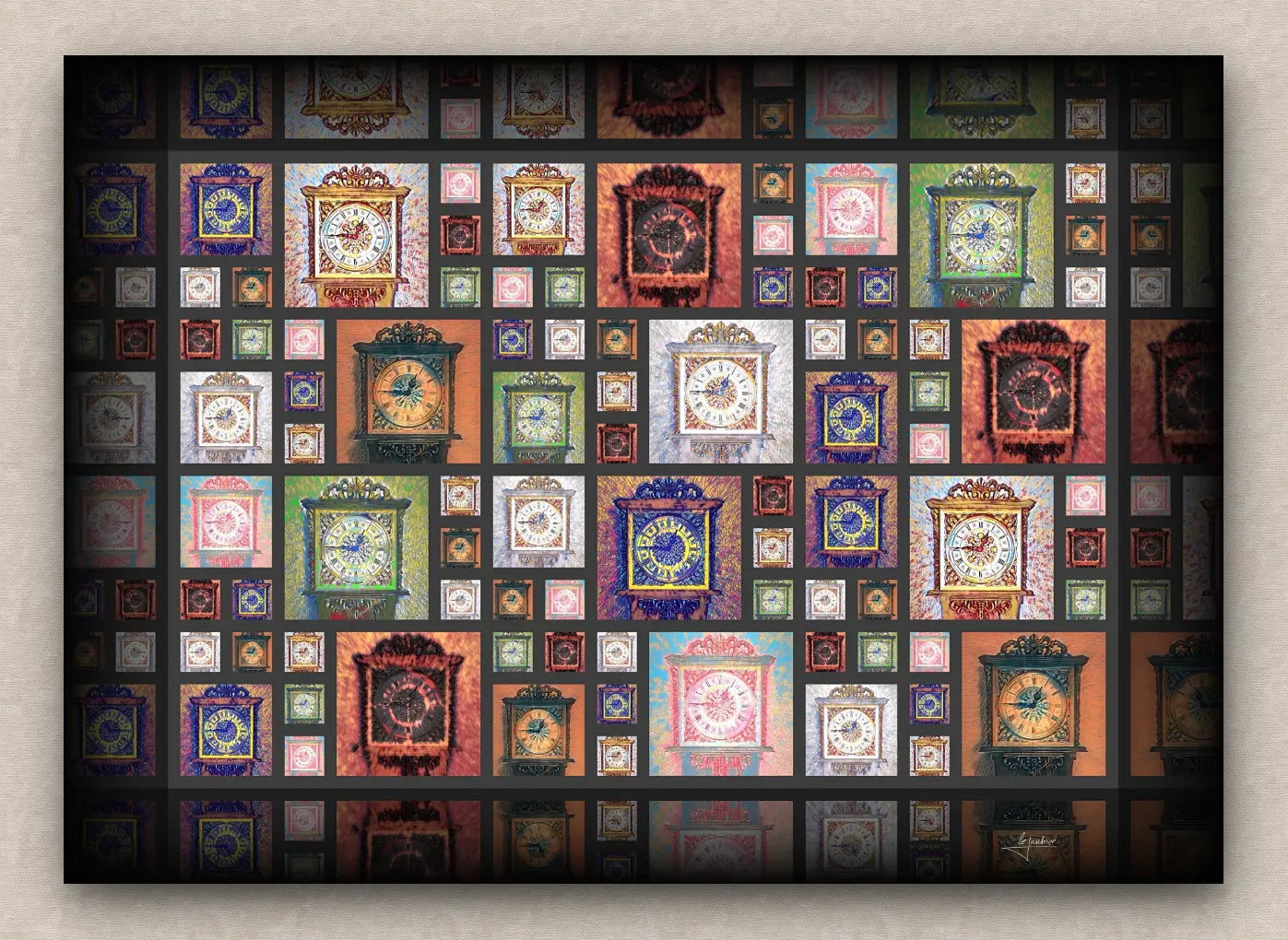 Colourful mosaic artwork of old wall clocks reading a quarter to one. With dark borders and signed by LeJandrier.