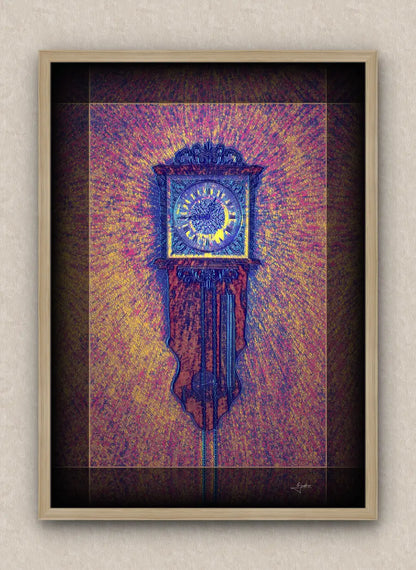 Purplish tones artwork of an old wall clock reading a quarter to one. With dark borders and oak frame, on a beige wall.