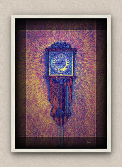 Purplish tones artwork of an old wall clock reading a quarter to one. With dark borders and white frame, on a beige wall.