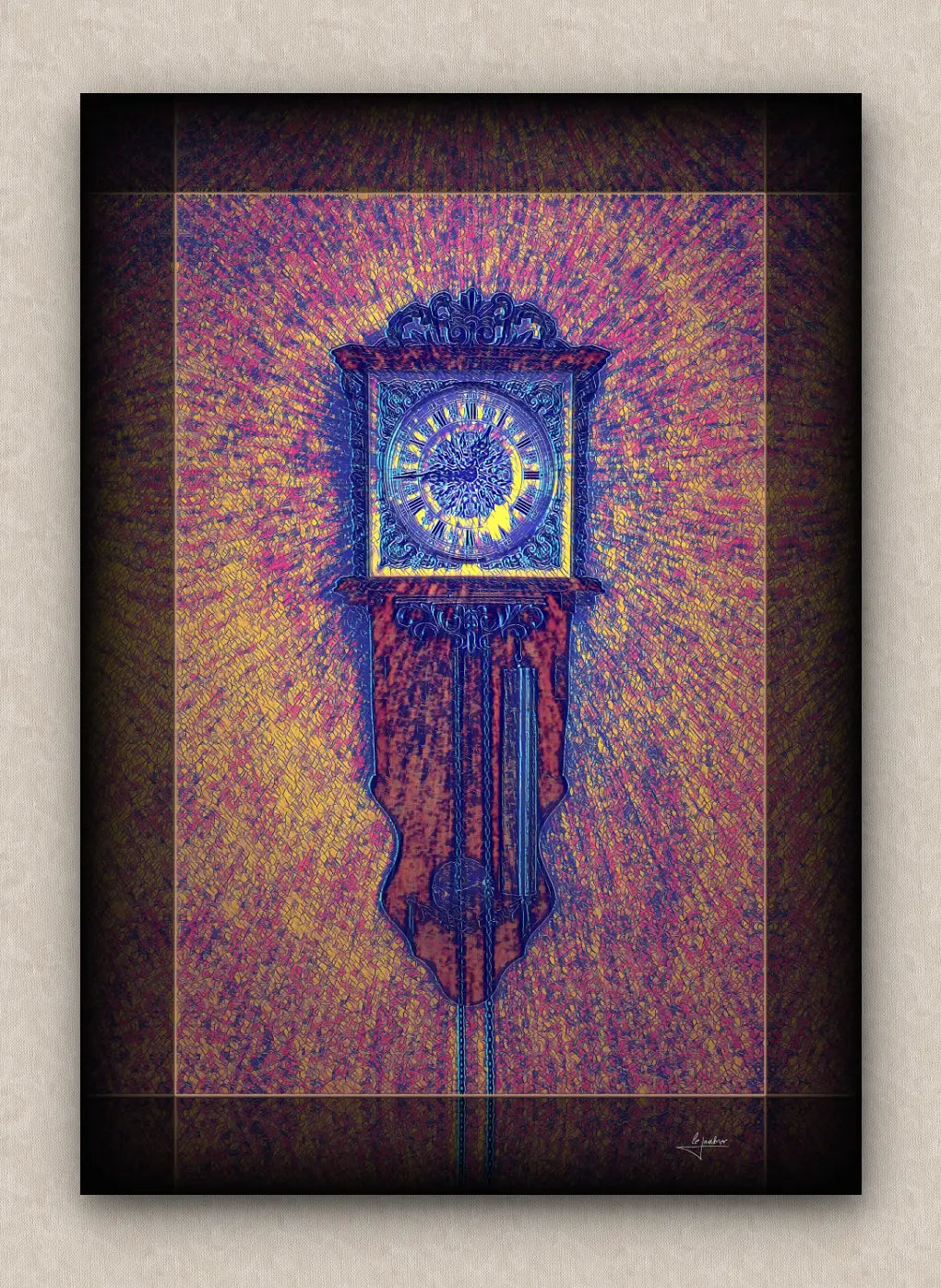 Purplish tones artwork of an old wall clock reading a quarter to one. With dark borders and signed by Lejandrier.
