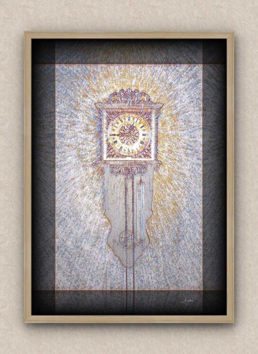 Muted tones artwork of an old wall clock reading a quarter to one. With dark borders and oak frame, on a beige wall.