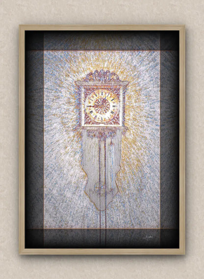 Muted tones artwork of an old wall clock reading a quarter to one. With dark borders and oak frame, on a beige wall.