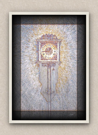Muted tones artwork of an old wall clock reading a quarter to one. With dark borders and white frame, on a beige wall.