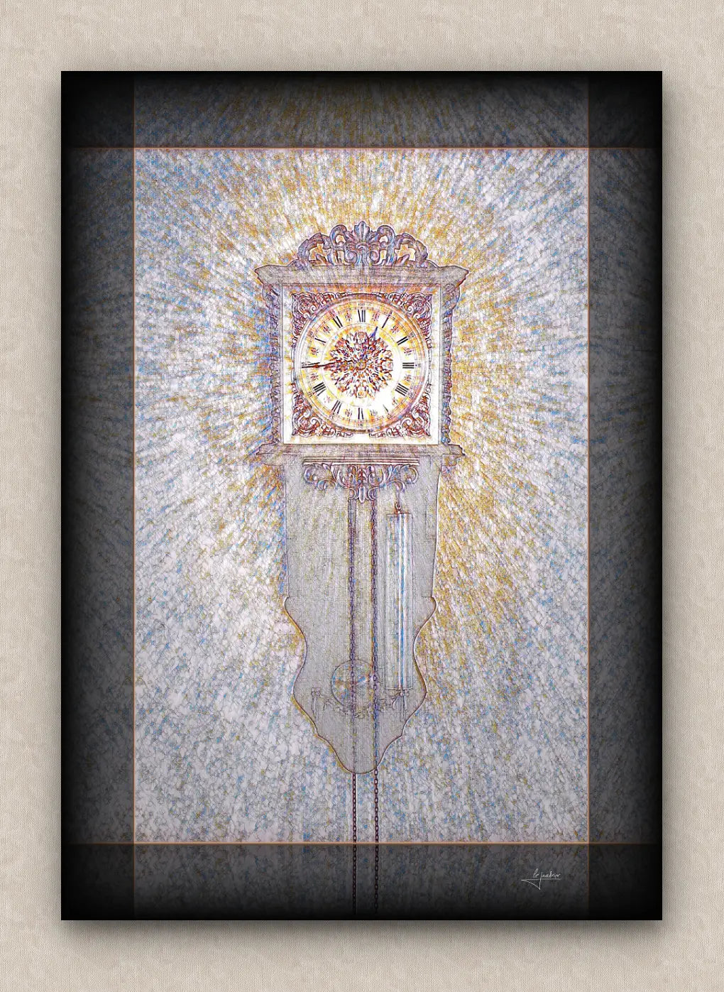 Muted tones artwork of an old wall clock reading a quarter to one. With dark borders and signed by LeJandrier.