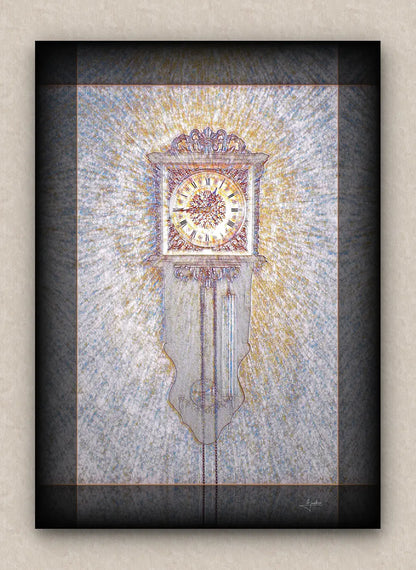 Muted tones artwork of an old wall clock reading a quarter to one. With dark borders and signed by LeJandrier.