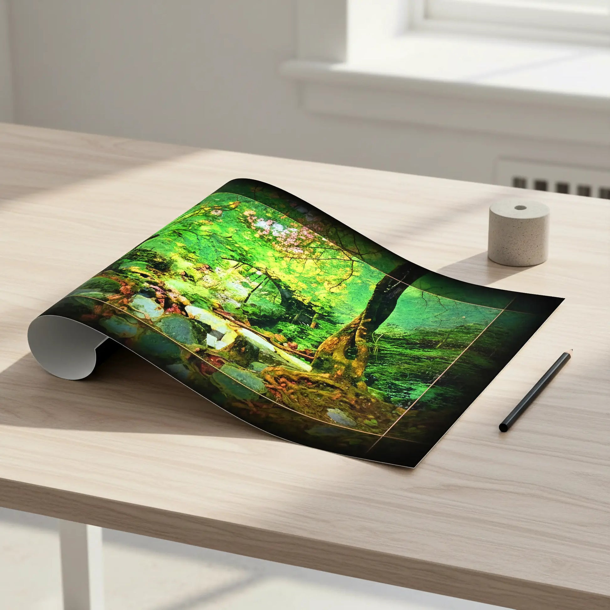 A rolled art print lying on a light wood table, showing a vivid forest scene with green foliage