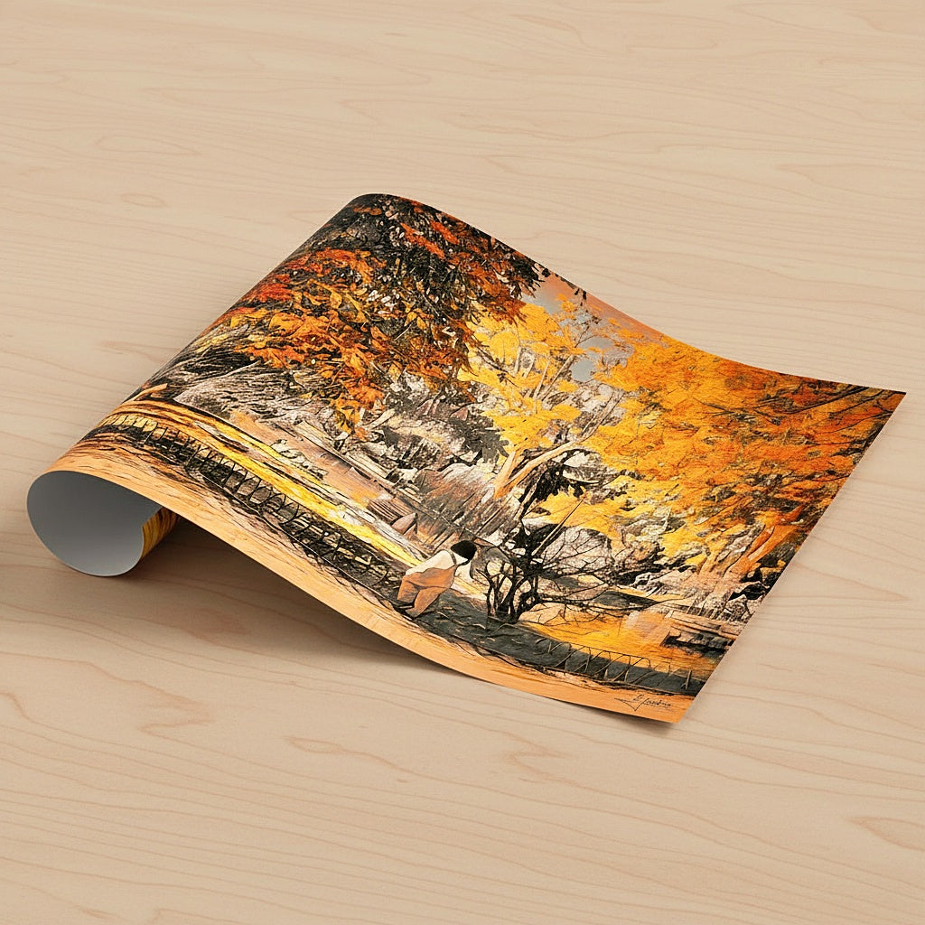 A rolled-up art print featuring an autumn landscape with orange and yellow trees, shown on a light wood surface.